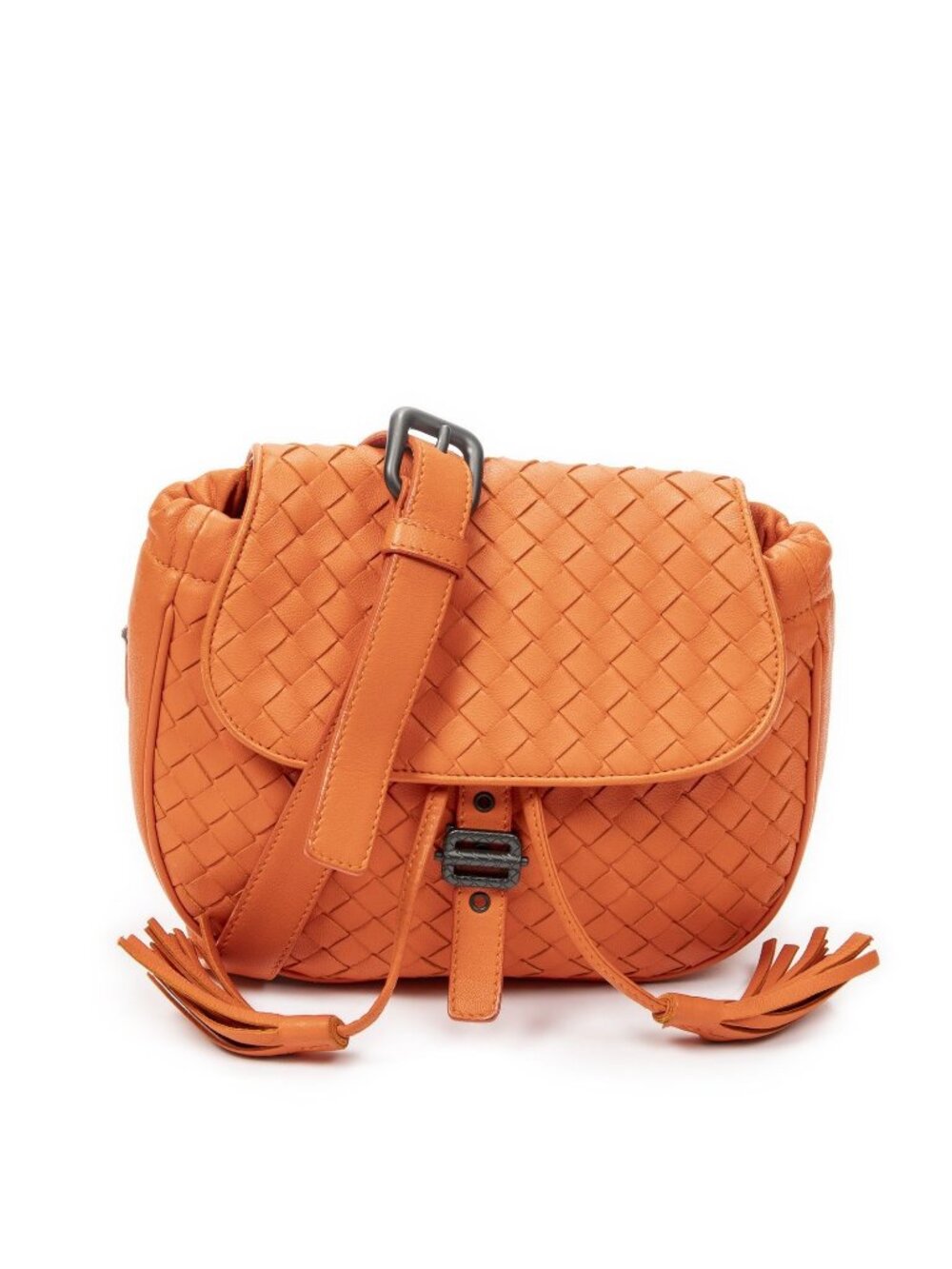 Bottega Veneta Drawstring Flap Bag Crossbody Orange Intrecciato Leather